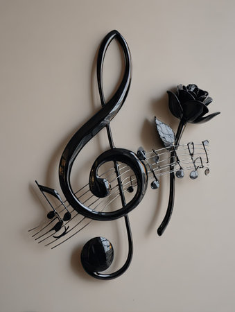 This image features a decorative metal sculpture of a treble clef and a black rose with musical notes. The artwork is mounted on a beige wall, creating a contrast. The piece displays a blend of music and floral elements. It's suitable for various creative projects and editorial applications.の素材