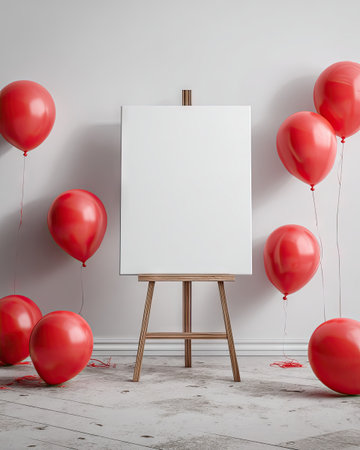 An empty canvas rests on a wooden easel, surrounded by vibrant red balloons against a neutral white wall. The scene exhibits a minimalist aesthetic, with soft lighting enhancing the composition. This image could be used for various projects needing a backdrop, poster, or graphic design.の素材