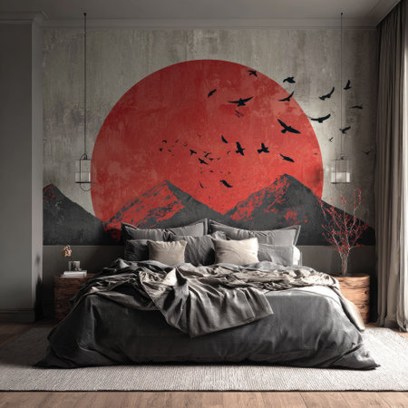 This interior scene showcases a bedroom with a large mural of a vibrant red sun and silhouette of birds. The room features a bed with gray bedding, accented by wooden bedside tables. The style is modern with a touch of nature, likely suitable for decorative and design applications.の素材
