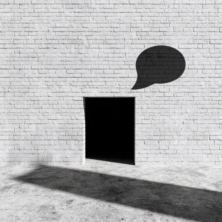 A dark doorway is centered in a white brick wall, with a black speech bubble floating above. A long shadow extends from the doorway. The scene is illuminated by soft overhead lighting creating shadows. This image is suitable for various commercial uses, including website design and advertising projects.の素材