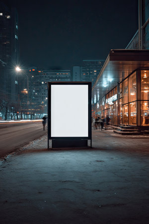 An empty illuminated advertising display stands on a city street at night. The image shows a dark environment lit by building lights and street lamps. The composition is balanced, and the frame has copy space. Suitable for various commercial uses.の素材