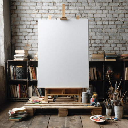 An empty white canvas stands on a wooden easel, centered in a room with a brick wall. The scene is lit by soft natural light. Bookshelves filled with books and various art supplies surround the easel. Suitable for creative projects or visual presentations.の素材