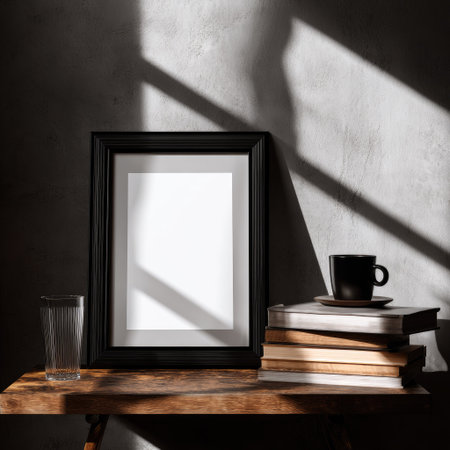 A framed, empty picture rests on a wooden shelf next to a stack of books and a coffee cup. Dramatic lighting casts shadows across a dark wall. The composition highlights copy space with a minimalist style. The image is suitable for various commercial uses.の素材