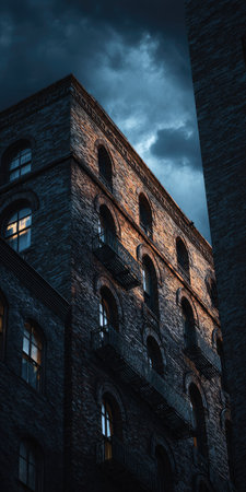 An aged brick building is captured at dusk, lit with warm sunlight highlighting its textured facade. The architectural structure is set against a moody, cloud-filled sky. This image could be suitable for various uses, including editorial content, or architectural or design projects.の素材