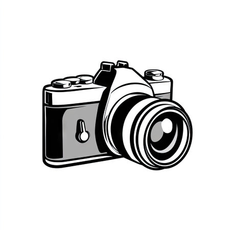 A vector illustration presents a camera in grayscale, showcasing a modern design. The image features clean lines and a minimalist style. Its composition centers the camera, offering copy space. Suitable for various design projects, this image could serve commercial purposes, adding visual appeal to digital or print media.の素材