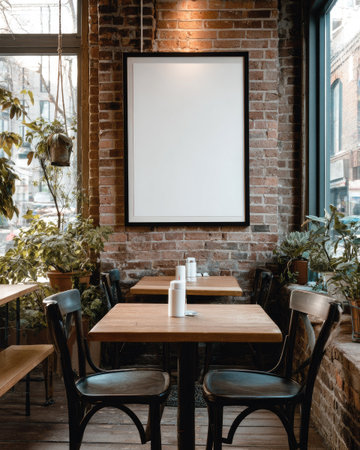 An interior shot features a cafe scene with wooden tables, chairs, and brick walls. An empty frame hangs on the wall, and decorative plants add touches of green. The lighting appears natural, suggesting a daytime setting, suitable for various editorial and commercial applications.の素材