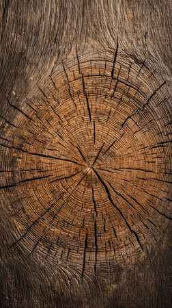 This image showcases a detailed view of aged wood. The texture is dominated by concentric rings and intricate cracks, creating a natural pattern. The colors range from dark brown to light amber, suggesting exposure to elements. This image could be suitable for various design projects or backgrounds.の素材