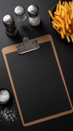An overhead shot presents a black clipboard alongside a bowl of fries, salt and pepper shakers, and a small bowl of salt against a dark background. The arrangement displays a high contrast with warm and cool tones, showcasing a culinary setting. This composition may be used for menu design, food blogging or promotional material.の素材