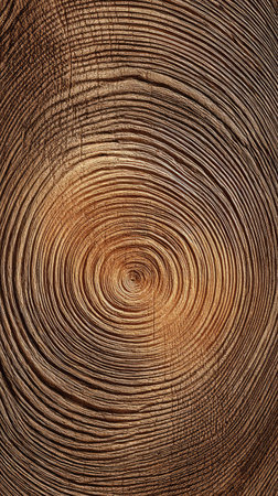 This image presents a detailed view of a tree trunk's cross-section, revealing numerous concentric circles. The textured surface displays varying shades of brown, while the overall composition provides a natural, organic aesthetic. This imagery is suitable for commercial uses, potentially ideal for showcasing wood textures or natural elements.の素材