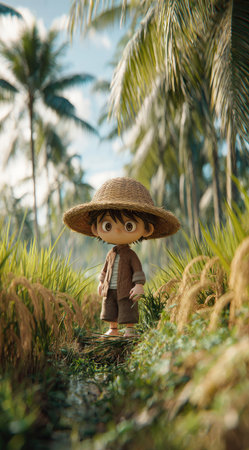 A cartoon character is standing amidst dense vegetation, featuring tall trees and bright sunlight. The image presents a vibrant scene dominated by green and brown tones, with a focus on detailed textures. This setting suggests a tropical environment suitable for various commercial and editorial applications.の素材