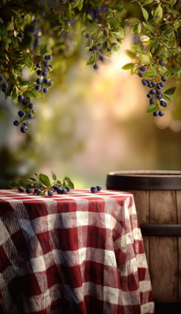 Image presents a table with a red checkered tablecloth set in an outdoor environment. Dark berries hang from the branches overhead. A wooden barrel provides a rustic element. Soft lighting and a blurred background suggest a natural, daytime setting. Suitable for various commercial and editorial applications.の素材