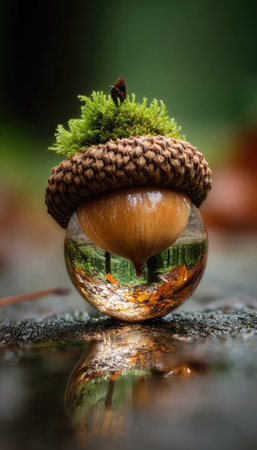 An acorn is displayed within a clear glass sphere, reflecting a blurred forest scene. The acorn shows fine textures and the composition has a shallow depth of field. This image presents a natural theme, featuring colors like green and brown, and could serve various commercial or artistic purposes.の素材