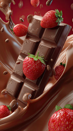 A close-up view depicts a chocolate bar with fresh strawberries. The image showcases a splash of liquid chocolate against a rich red backdrop. The style presents bright colors and fine details. It may be suitable for advertising, culinary publications, or web design applications.の素材