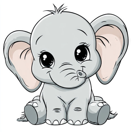 This illustration presents a cartoon elephant, depicted in a sitting posture. The image showcases a gray and white color palette, with simple lines and shading. The style is soft and inviting. It is suitable for children's books, educational materials, or decorative design elements for various creative projects.の素材