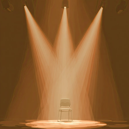 A single chair is dramatically lit by several spotlights, creating a focused presentation setting. The image features warm tones and a darkened background, enhancing the central object's prominence. This composition could be used for conceptual visuals related to concepts such as performance, waiting, or emphasis.の素材