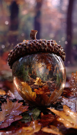 A close-up captures a glass acorn, showcasing a reflective image of the autumn forest. The image uses warm, earthy tones with a shallow depth of field, emphasizing the crisp detail of the acorn. The surrounding elements include fallen leaves and bokeh, creating a captivating visual suitable for various creative uses.の素材