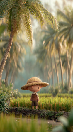 A cartoon figure wearing a straw hat stands in a vibrant rice field. The scene showcases soft lighting, creating a warm ambiance. Lush green vegetation and tall palm trees form the backdrop. This image could be suitable for illustrations, advertising, or educational materials.の素材