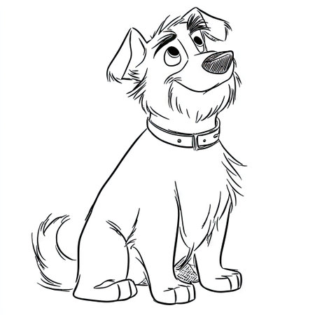 This black and white illustration depicts a cartoon dog in a seated position with an upward gaze. The dog features fluffy fur, a collar, and a happy expression. The artwork uses line art style. Ideal for various commercial and editorial applications such as children's books and educational resources.の素材