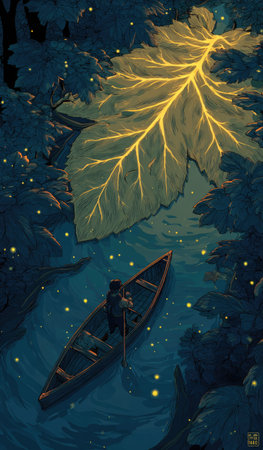 A person navigates a small boat through a mystical forest, beneath an enormous glowing leaf. The artwork features a dark, cool-toned palette, with highlights from the leaf's warm, radiant glow. The composition utilizes a low-angle perspective. Ideal for fantasy or artistic concepts, and suitable for a variety of creative projects.の素材