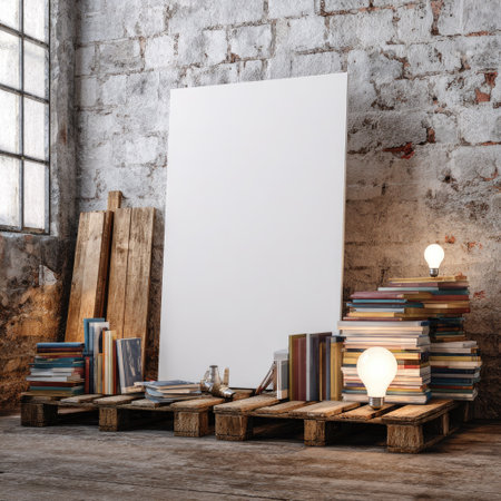 An empty white poster stands centrally, surrounded by books and illuminated light bulbs, set on wood pallets. The scene features a mix of textures and colors, from the aged brick wall to the wooden pallets. The lighting highlights the objects in an indoor environment, suitable for various editorial and commercial applications.の素材