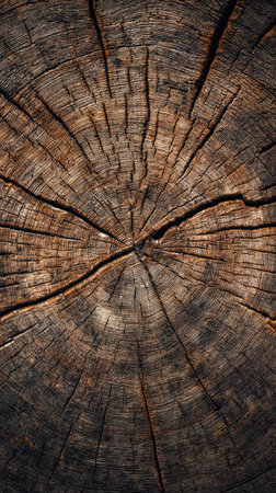 A detailed image captures the cross-section of a tree trunk, revealing intricate patterns of growth rings. The surface exhibits a rough texture with various shades of brown and gray. This natural composition suggests an outdoor setting, possibly suitable for nature-related projects or visual storytelling.の素材