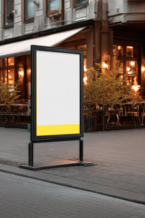 An outdoor advertising board stands on a city street. The board features a large blank white space framed in black with a yellow accent. The scene is illuminated by warm ambient lighting, suggesting a twilight setting. This image could be used for promoting products or services.の素材