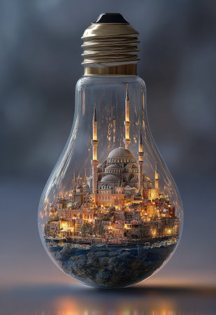 An illuminated city scene is contained within a transparent light bulb. The image displays a detailed cityscape with multiple buildings and architectural features. The style is detailed, with rich colors and a focus on lighting. It suggests a concept of ideas or innovation, suitable for various editorial and commercial applications.の素材