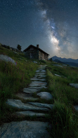 A wooden cabin sits on a hillside, illuminated by the soft glow of a night sky filled with stars. A stone pathway leads towards the cabin through a landscape of green grass and foliage. The image employs natural lighting, suggesting a serene environment suitable for various commercial and editorial applications.の素材
