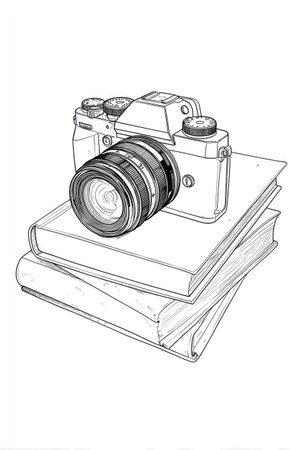 An illustration features a camera resting atop a stack of books. Rendered in grayscale, it showcases detailed linework and shading, suggesting a classic style. The composition, set against a white background, offers a sense of simplicity and focus, suitable for various uses.の素材