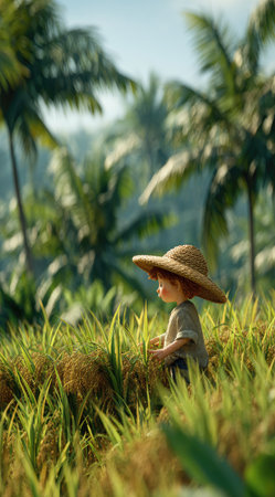 A young child wearing a straw hat sits among tall green grass, with lush green palm trees in the background. The scene is illuminated by soft sunlight creating a peaceful atmosphere. This image could be used for various projects, including illustrations and educational content.の素材