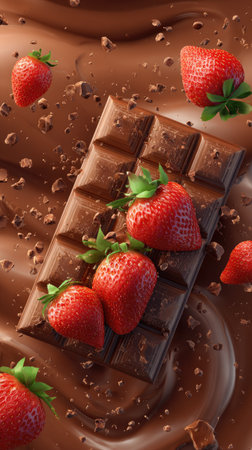 An overhead view displays a chocolate bar topped with ripe strawberries against a swirling brown background. The composition features rich, contrasting colors and textures. The image conveys a sense of freshness and indulgence. Suitable for advertising, culinary projects, or illustrative purposes.の素材
