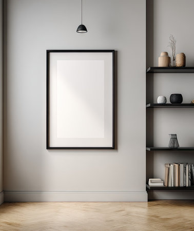 An empty black picture frame hangs on a light-colored wall, illuminated by overhead lighting. Beside it, a shelving unit displays various decorative objects and books. The composition highlights a clean, minimalist style. This image is suitable for use in design projects or for showcasing art prints.の素材