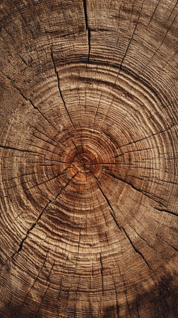 This image showcases the cross-section of a tree stump, revealing intricate annual growth rings and radial cracks. The texture features shades of brown and tan, highlighting the wood's natural patterns. The composition provides an overhead view, potentially suitable for design, educational, or environmental themes.の素材
