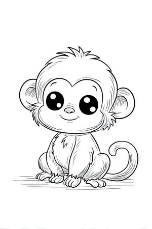 This black and white illustration depicts a cute cartoon monkey in a sitting pose. The image showcases the animal's large, expressive eyes and a gentle smile, with detailed fur textures. The clean lines and white background suggest a vector style, suitable for various design projects and commercial applications.の素材