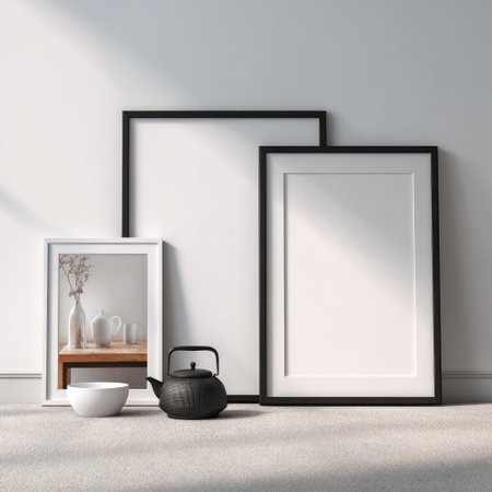 Three picture frames, with empty spaces, lean against a white wall. The frames have white and black borders. A white bowl and a black tea kettle are placed on the ground in front of the frames, against a background of bright sunlight. This image could be used for various commercial projects and editorial needs.の素材