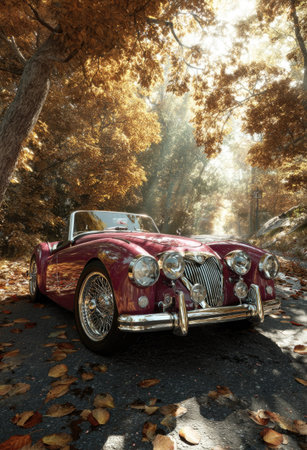 A classic burgundy roadster automobile is positioned on a path surrounded by dense, golden autumnal trees. Sunlight streams through the foliage, creating dramatic light and shadow. The image's composition highlights the vehicle's design. Suitable for automotive advertising, editorials, or design projects.の素材