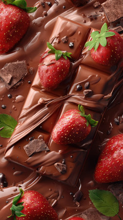 A top-down view showcases a chocolate bar, adorned with fresh strawberries and chocolate drizzle. The composition features a rich palette of browns and reds, with textural details from the chocolate and fruit. This image is suitable for food-related projects, culinary articles, or use in advertising campaigns.の素材