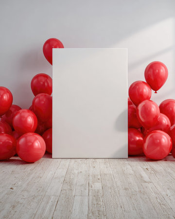 A blank white poster stands before a cluster of vibrant red balloons. The balloons are resting on a wooden floor against a white wall. The scene is illuminated by soft lighting, creating shadows. This image is suitable for advertising, announcements, or creative design projects.の素材
