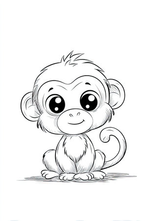 A charming cartoon illustration presents a smiling monkey, depicted in shades of grey. This simple composition features a detailed drawing style, emphasizing the monkey's expressive eyes and seated pose. The image suggests potential uses in children's media or educational materials, or decorative design. The lighting is soft, enhancing the overall appeal.の素材
