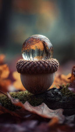 An artistic close-up reveals an acorn topped with a water droplet, reflecting autumnal colors. The composition highlights textures and forms. The droplet creates a miniature world effect. Ideal for conceptual design, nature projects, and visual storytelling, it's suitable for various commercial or editorial uses.の素材
