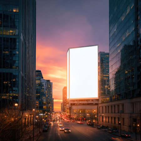 An urban cityscape showcases a large, blank billboard illuminated in the evening. Tall buildings flank a street filled with moving vehicles. The composition highlights a vibrant sunset with warm colors and dramatic lighting, creating a dynamic urban scene suitable for advertising and commercial applications.の素材