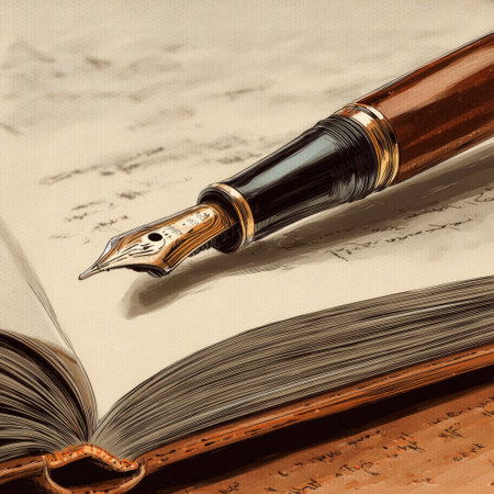 This image showcases a close-up of a fountain pen positioned on top of an open book. The composition highlights the pen's intricate details and the texture of the aged paper. The warm tones and soft lighting suggest a classic, timeless aesthetic. This image would be suitable for various editorial and commercial applications.の素材