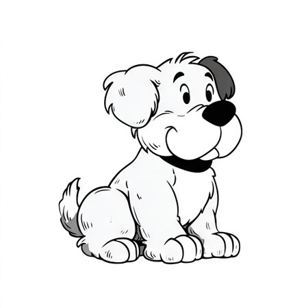 A cartoon illustration depicts a puppy in a seated position, displaying a smile. The image uses grayscale tones with black outlines, emphasizing a simplistic aesthetic. The composition highlights the puppy against a plain, white backdrop. This image could be suitable for various uses, including children's media or educational materials.の素材