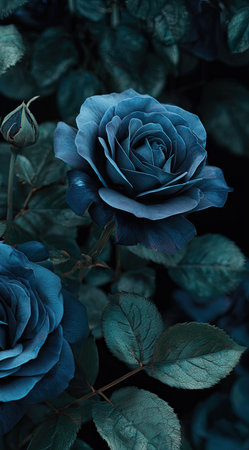 A close-up shot showcases a vibrant blue rose, fully bloomed, set against a backdrop of deep green leaves and foliage. The composition features a natural arrangement, with the main subject in sharp focus and the background softly blurred, creating depth. The lighting highlights the textures and hues, suitable for various design projects.の素材