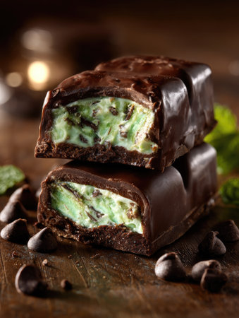 Two chocolate-covered ice cream bars are stacked, one cut in half to reveal a mint-green center. Dark chocolate chips are scattered on a wooden surface. The image exhibits a close-up composition with soft lighting. Potential uses include food blogs, recipe demonstrations, or advertising materials.の素材