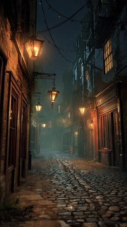 An evocative image depicts a cobblestone street illuminated by glowing lanterns at night. The scene features aged buildings lining the sides, and a misty atmosphere creating depth. The composition offers a cinematic aesthetic, potentially suitable for various uses including editorial and illustrative purposes.の素材