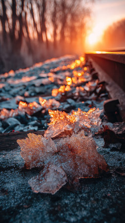 An image captures a close-up of a frozen leaf resting on a stone surface. The leaf's texture and intricate details are highlighted. The background features a blurred sunset with warm hues, suggesting an outdoor environment. This image could be suitable for various commercial and editorial applications, emphasizing natural beauty.の素材
