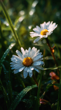 This image showcases two daisy flowers with white petals and yellow centers, captured in a close-up shot. The flowers are set against a backdrop of green grass, with visible water droplets, suggesting a natural outdoor setting. The composition and lighting create a fresh and lively atmosphere, suitable for various commercial uses.の素材
