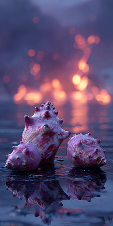 Two sea shells are displayed with detailed textured surfaces, possibly resting on a wet surface. The shells exhibit shades of pink and purple, highlighted by a blurred backdrop of orange and blue. The composition likely captures a serene moment suitable for diverse visual communication purposes.の素材