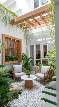 An inviting outdoor seating area featuring a small round table and two chairs surrounded by plants. The scene is bright, illuminated by natural light, and the composition focuses on the architectural elements and foliage. Suitable for various uses, this image could be used for promoting relaxation and tranquility.の素材